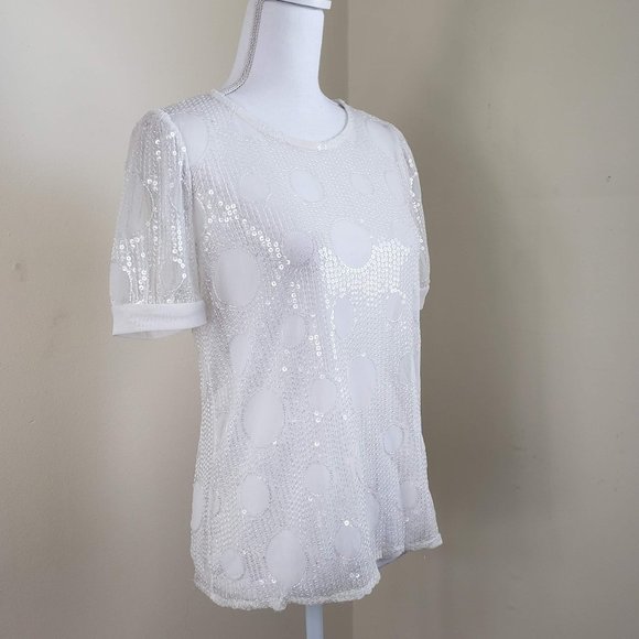 Eva Franco Russian Gia Sequin Short Sleeve Top White Size XS - Picture 9 of 15